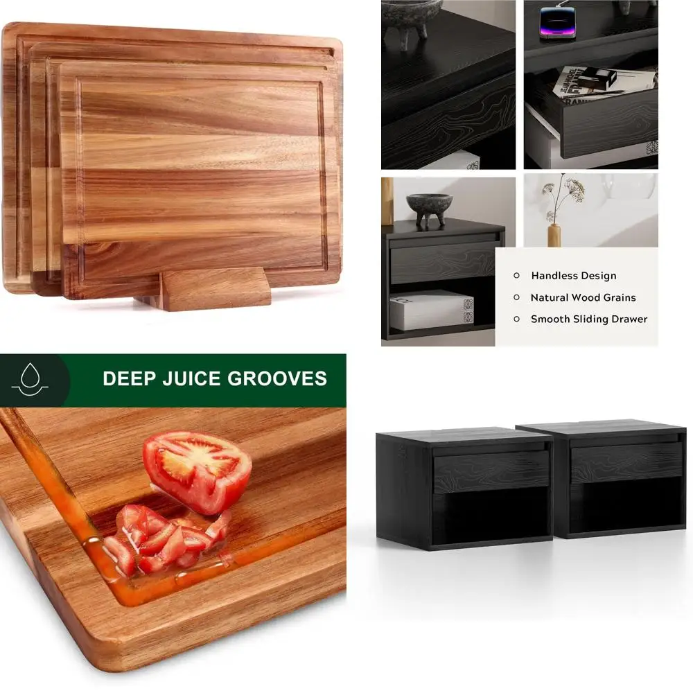 

Набор разделочных досок из дерева акации — 3-х предметные деревянные разделочные доски с держателем для кухни, нарезки фруктов и тарелок для начинки по дереву