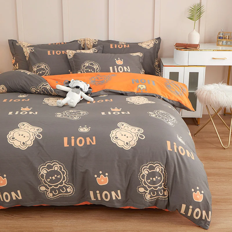 Cartoon Lion Printed Duvet Cover Set 3pcs Queen Size Animal Pattern Children Cotton Bedding Comforter Covers Set for Kids Teens