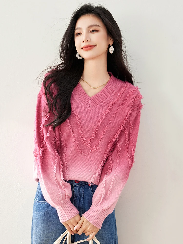 Fashion Tassel Gradient Color Pink Sweater Women Gentle Wind Sweet Oversized Sweaters Niche Design V-Neck Pullover Top