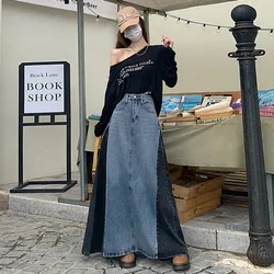 GUUZYUVIZ-Women's Vintage Denim Color Contrast Long Skirt, A Line High Waist Jean Skirts for Ladies, Black and Blue