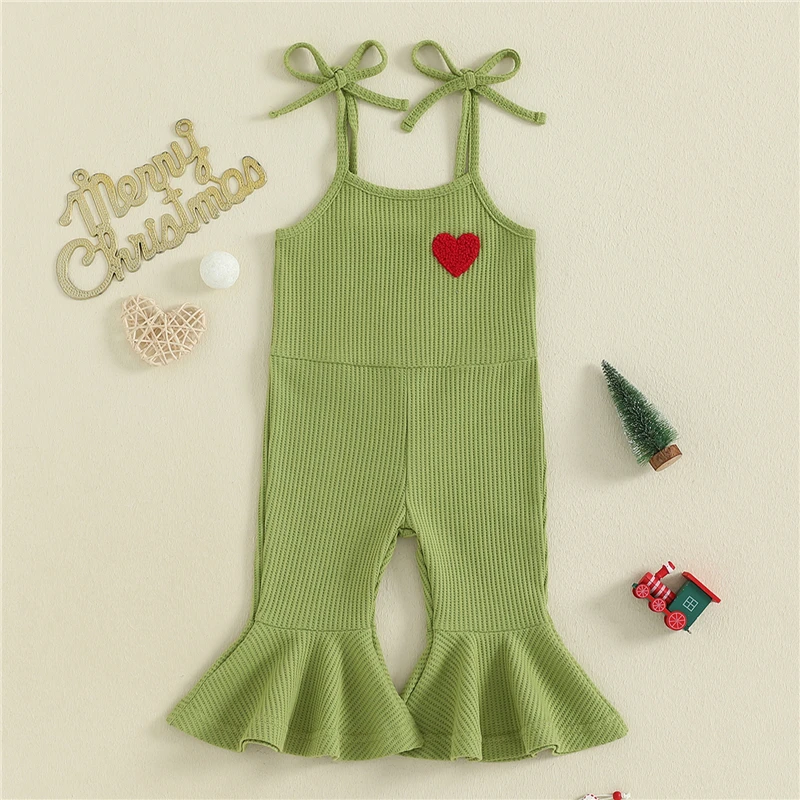 Toddler Baby Girls Christmas Flare Pants Children Overalls Heart Embroidery Sleeveless Tie-up Bell Bottom Romper Jumpsuit