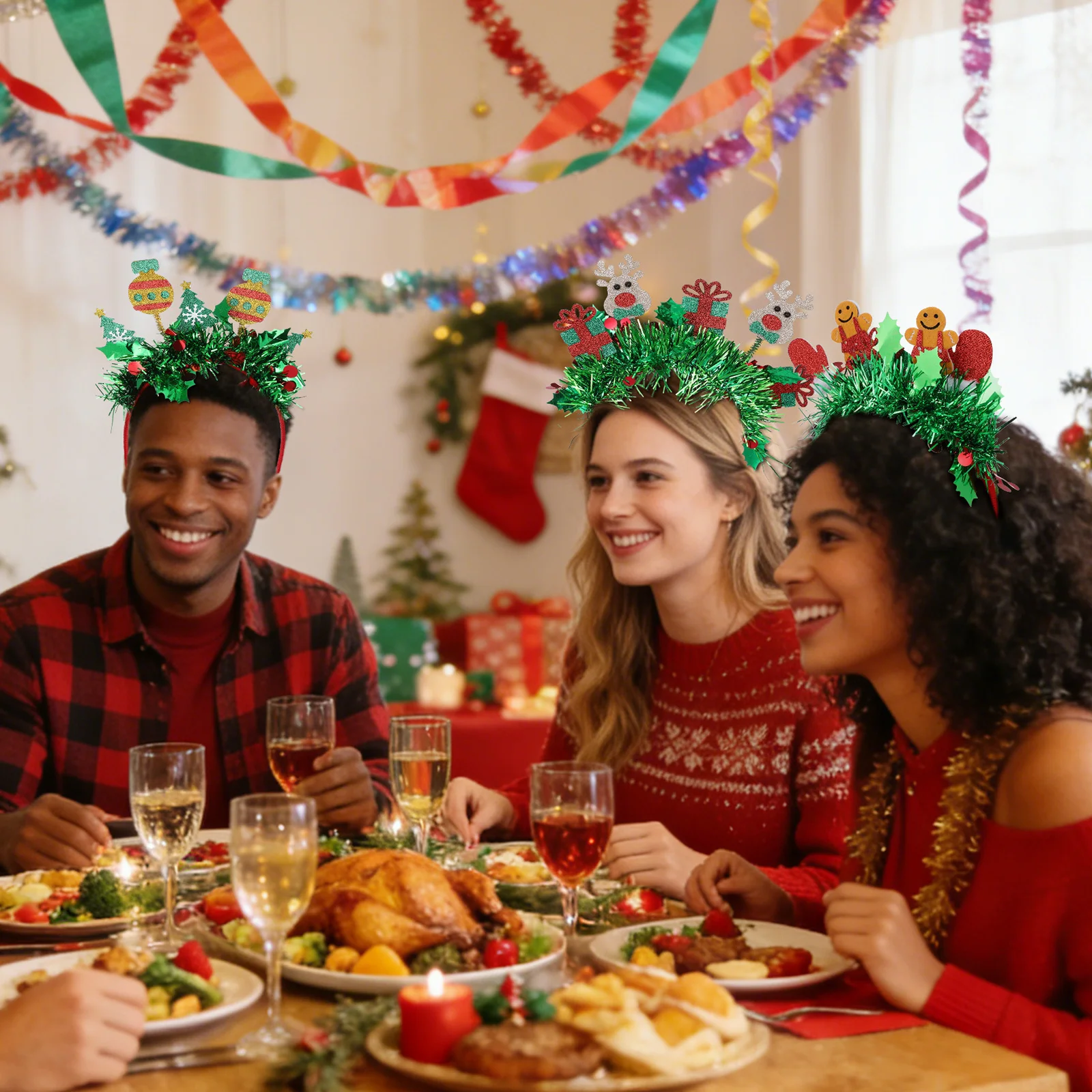 

4Pcs Christmas Headband for Women Girls Lightweight Non-Woven Reindeer Antlers Gingerbread Man Holiday Party Favor Festive Hair