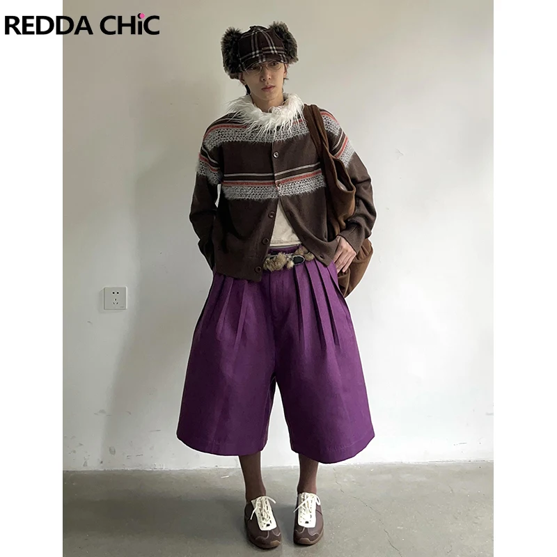 REDDACHIC Solid Pleated Tweed Baggy Jorts Men Oversize Lounge High Waist Striped Wide Leg Pumpkin Pants Vintage Casual Clothes