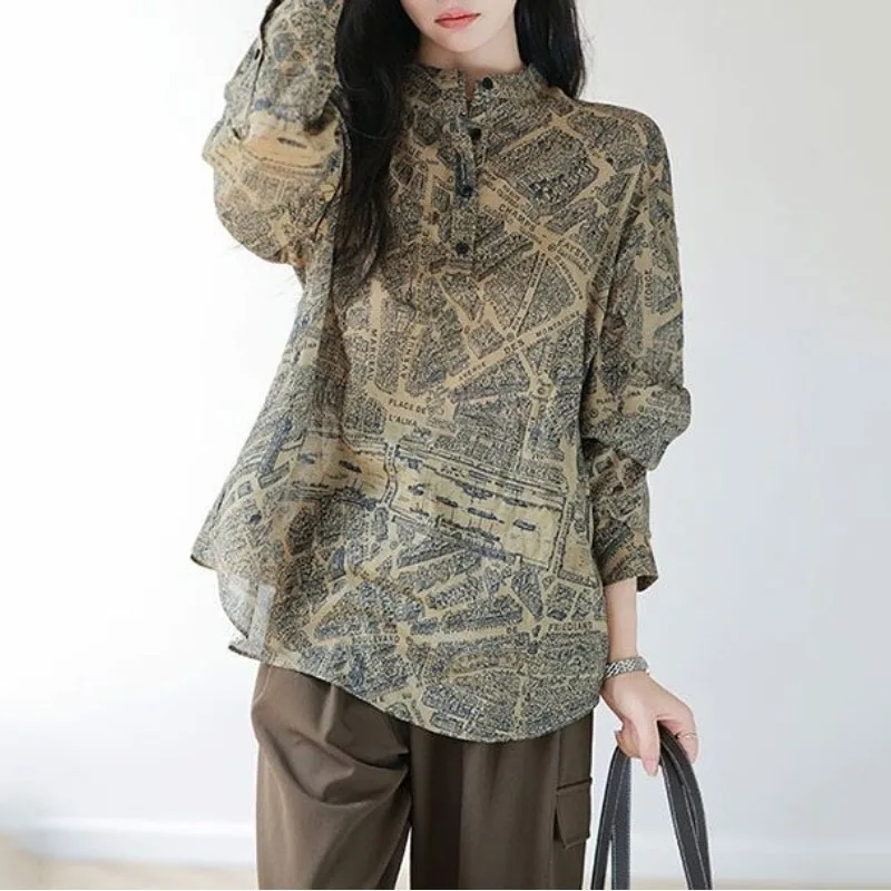 

Spring Autumn Pullover Round Neck Patchwork Button Printing Loose Chiffon Versatile Fashion Commuter Long Sleeve Women's Blouse