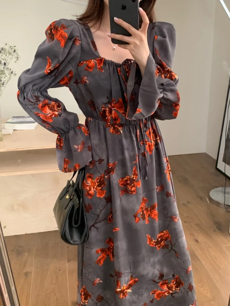 Dress Women 2024 New French Style Vintage Flounced Chiffon Floral Print Long Sleeve V-Neck Dresses