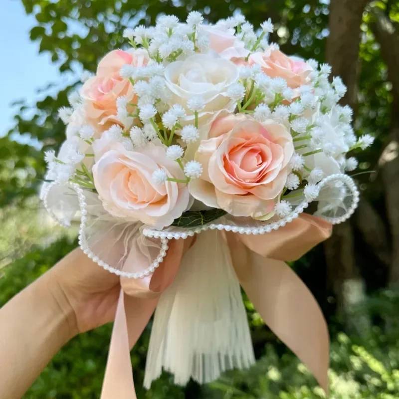 Ramos de boda para novia Babysbreath, ramos de dama de honor con rosas, cinta de seda, decoración del Día de San Valentín, bola de malla de encaje