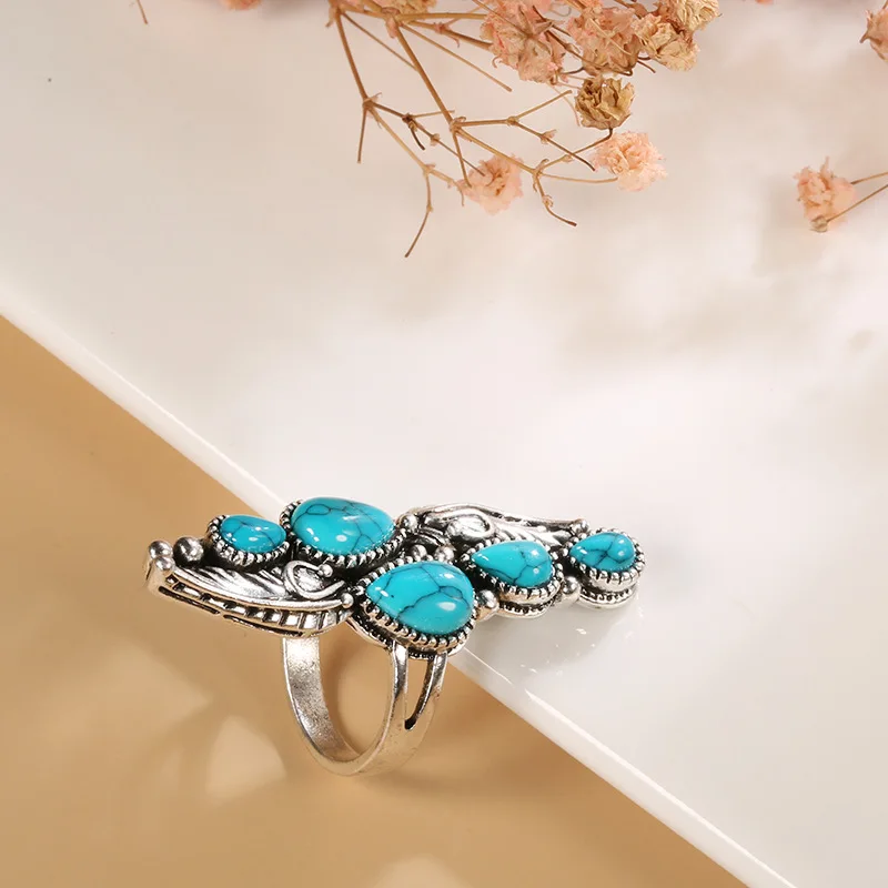 DIY accessories Cross-border European and American retro personalized inlaid turquoise ring, creative exaggerated old feather li