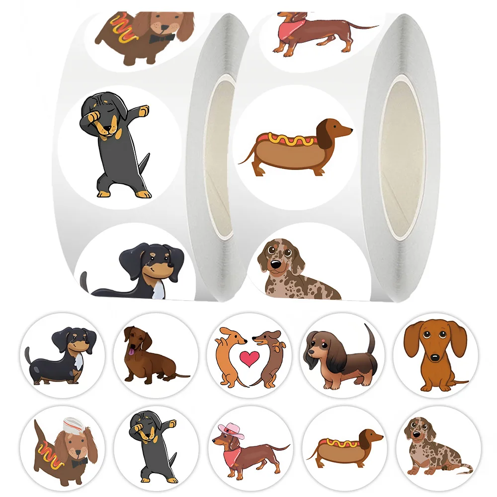 500 uds/rollo de pegatina de perro salchicha impermeable para maleta para portátil lindo viñetas de animales recompensas cuenta de mano cinta sello etiqueta