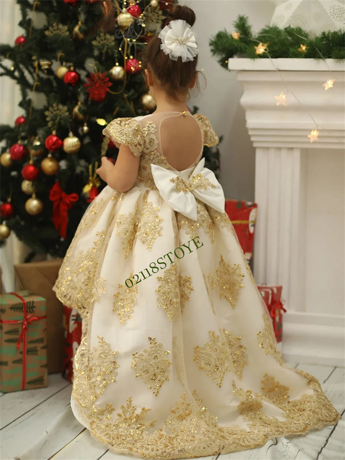 

Golden Flower Girl Dress Tulle Baby Girl Party Gown Fairy Kids Dance Dress Puffy High Low Dress