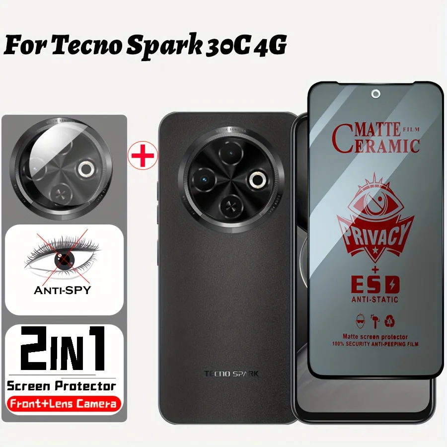 

2-in-1 for Tecno Spark 30 30pro 30C Matte Ceramic Soft Film Anti-Spy Tempered Glass and Camera Lens Protector