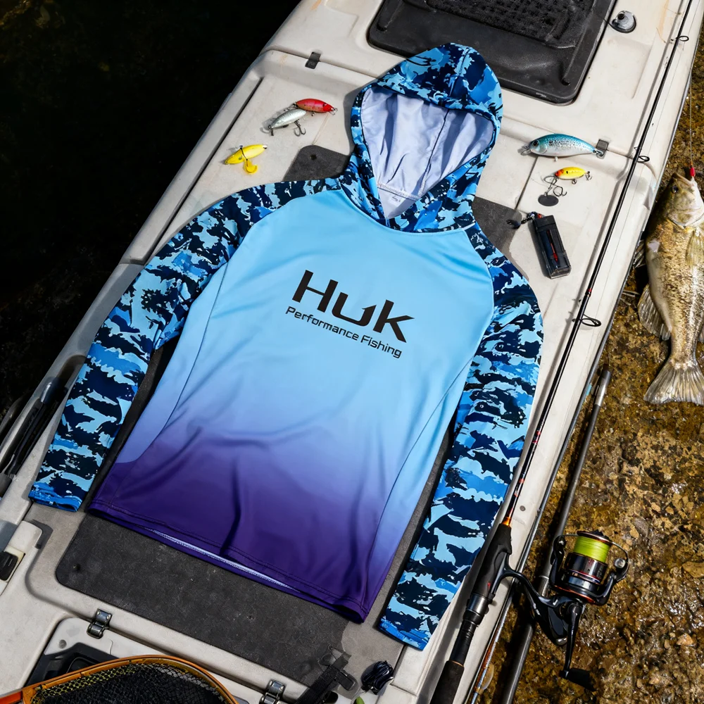 HUK قمصان الصيد الرجال هوديي تي شيرت الصيف ملابس الصيد التخييم التنزه Upf 50 + حماية من الشمس تنفس Camisa De Pesca #2