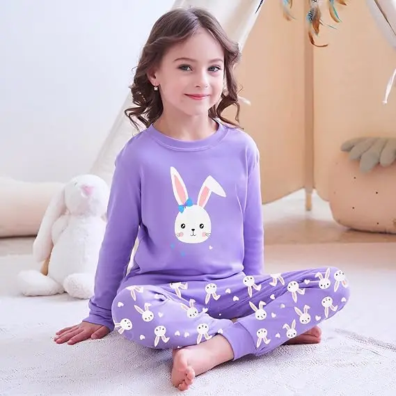 Little Hand Toddler Girls Long Sleeve Pajama 100% Cotton  Kids Rabbit Pattern 2 Pcs Pjs Sets Cute Sleepwear Shirts for 2-7T
