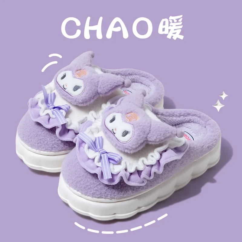 Sanrio Cinnamoroll Kuromi Hello Kitty House Slippers Winter Warm Cotton Shoes Kawaii for Girls and Boys High Platform Bathroom