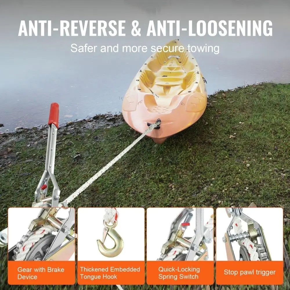 Extractor de cuerda, capacidad de tracción de 3/4 toneladas (1.653 libras), con 100 'de 0,6 "de diámetro, 2 ganchos, cabrestante, trinquete resistente