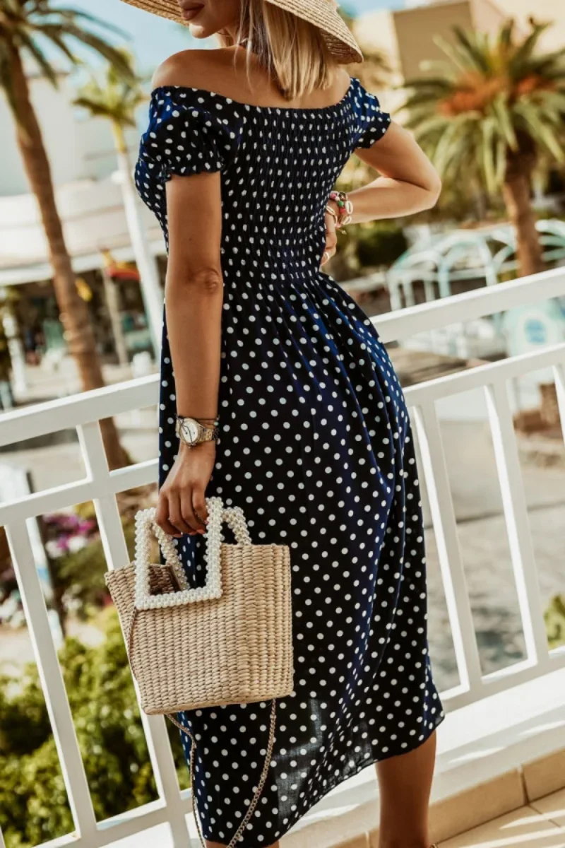 

Oversized Women Dress Spring And Summer Sexy Dot Print Dresses Korean Style Women's Slash Neck Vintage Beachwear Midi Vestido