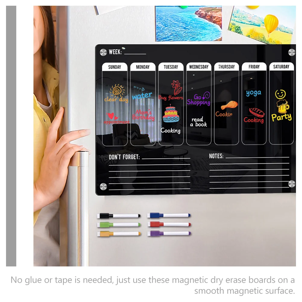 Magnetic Calendar Acrylic Weekly Planner Note Board Message Writing Fridge Dry Erase Black Schedule