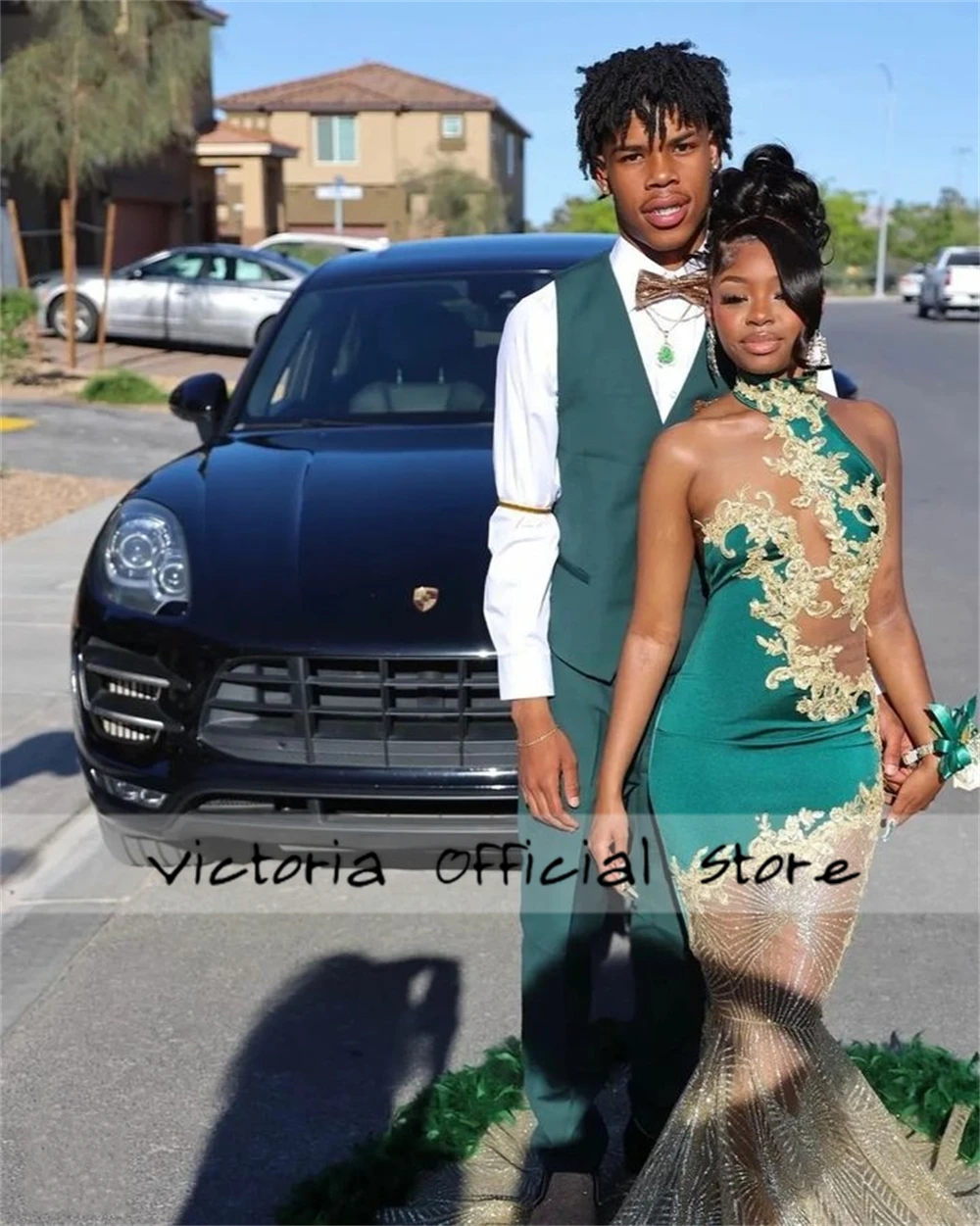 Green Feathers Train Gold Sparkles Halter Mermaid Rhinestone Prom Dress Black Girl Birthday Party Wedding Guest Gown Customized