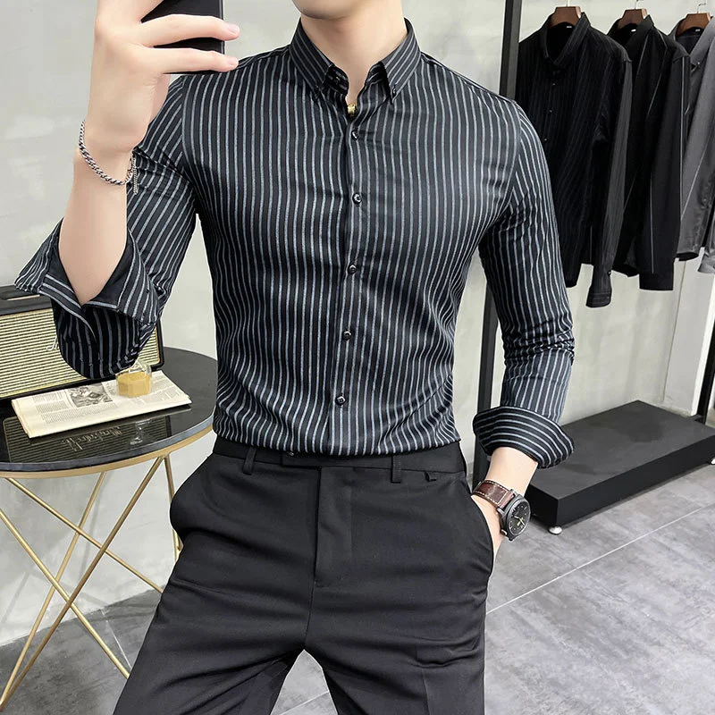 Mens Striped Shirts 2022 Spring New Long Sleeve British Style Solid Color Casual Long Sleeve Dress Shirts Brand Mens Clothing