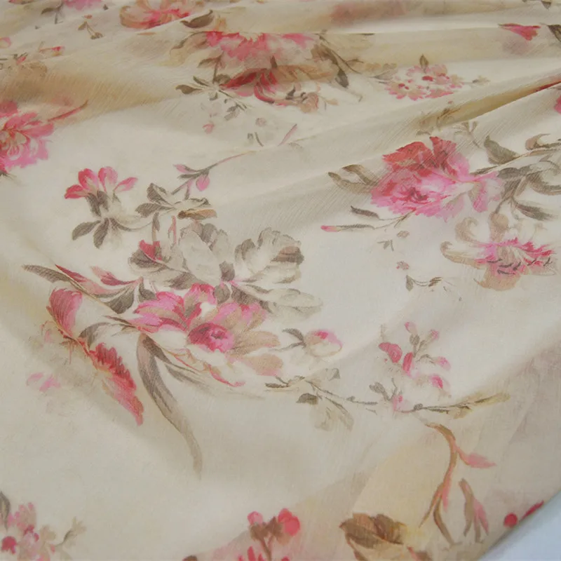 1 meter 100% Mulberry Silk 8 momme Crinkle Georgette Silk Fabric Yellow Floral Printed 135cm 53" wide by the yard FH002