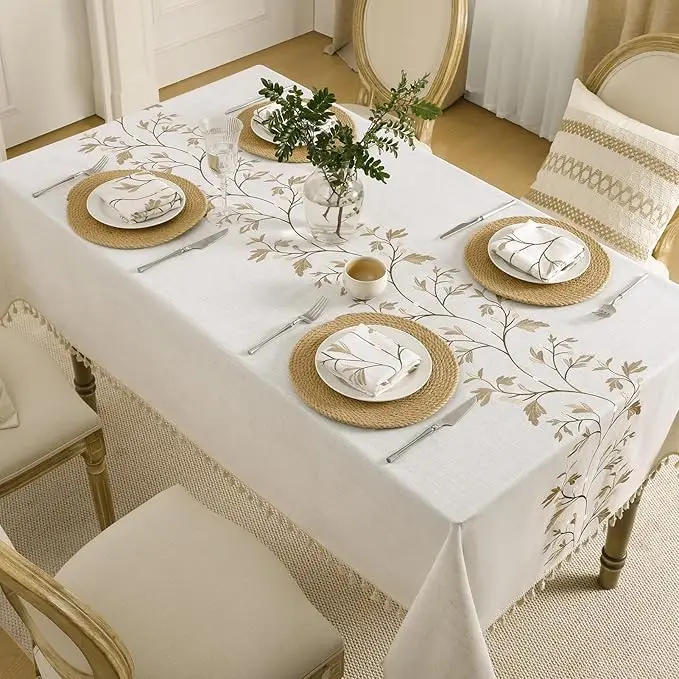 

Cotton Linen Rectangle Table Cover Embroidered Floral Pattern Tablecloth for Dining Tea Table Tabletop Decoration Dust Proof