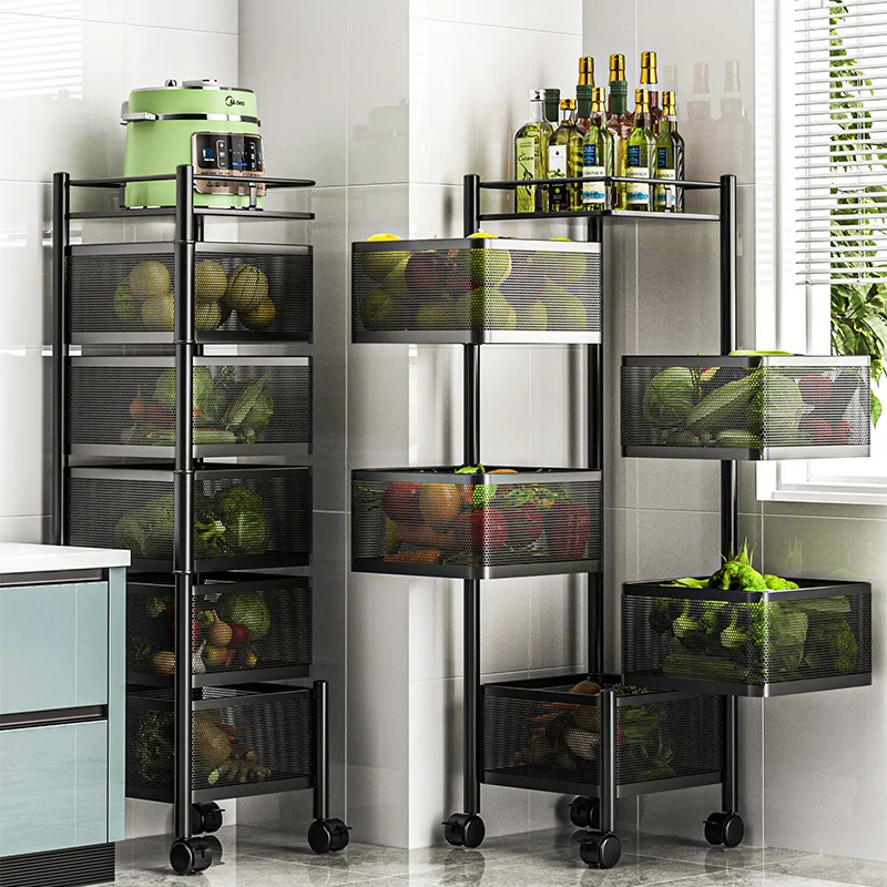 

Carbon Steel Rotating Snack Storage Shelf Breathable Multi-Layer Fruit Basket Mobile Kitchen Rack with Strong Load-Bearing