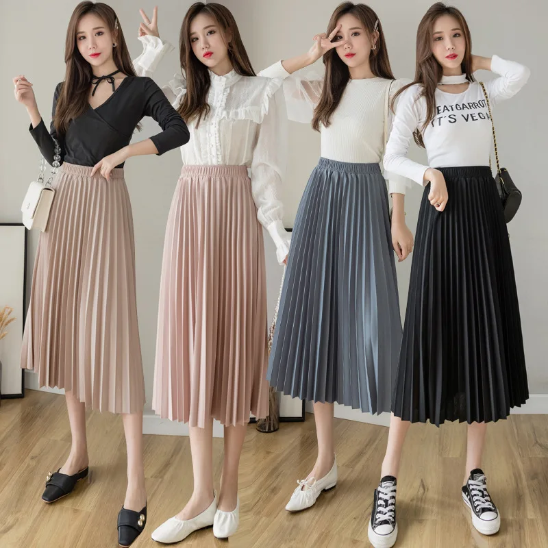 Spring Summer New Korean Style Half Skirt Slimming Chiffon Ice Silk Elastic Waist Pleated Skirt Princess Style A-Line Skirt