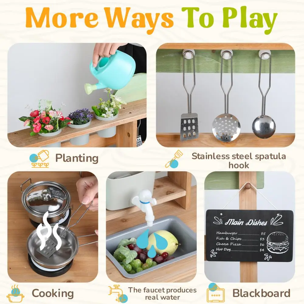 ชุดครัวโคลนกลางแจ้งสำหรับเด็ก - ก๊อกน้ำสมจริง อ่างล้างจานแบบถอดได้ และกล่องปลูกต้นไม้พร้อมกระถางรดน้ำ