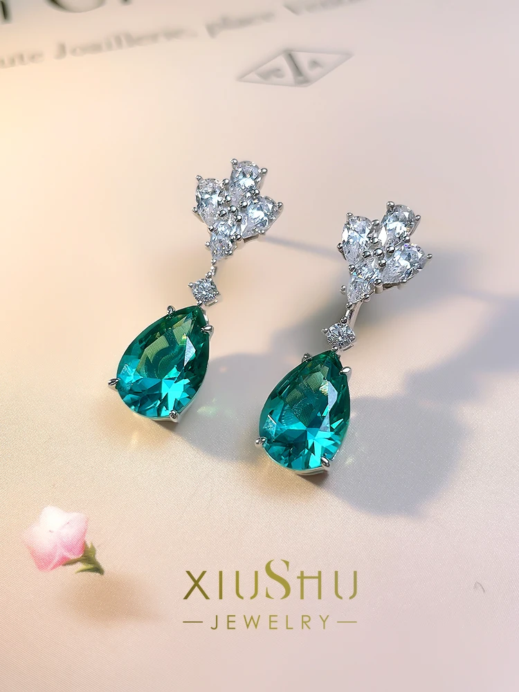 Fashion Versatile 925 Sterling Silver Droplet Earrings Inlaid with High Carbon Diamonds Grandmother Green Junior High