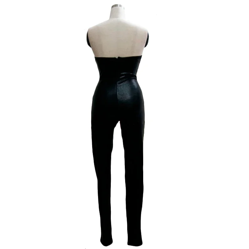 女性黒のフェイクレザーオフショルダージャンプスーツボディスーツセクシーなエロナイトクラブ着用ラテックスストラップレス Wetlook キャットスーツボディスーツ