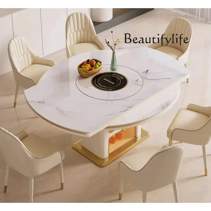 X40 French Cream Wind Rock Slab Dining Table Small Apartment Telescopic Built-in Turntable Induction Cooker Marble
