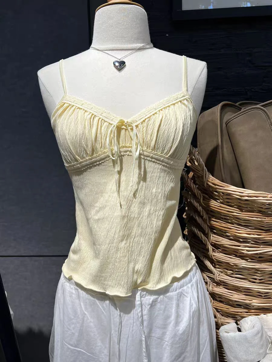 

Lace-up Chic Texture Yellow Tank Top Woman Summer Lace Trim V-neck Cotton Camisole Sweet Cute Preppy Style Slim Crop Tops Y2k