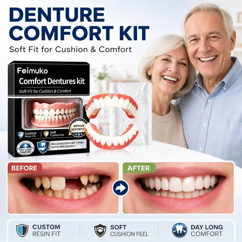 Denture Decoration Set - Upper & Lower False Teeth, Comfortable Fit Tooth Restoration Set Comfortable At-Home DIY Denture Kit