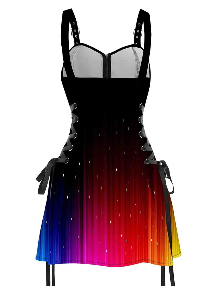 Dressfo Womens Lace Up Half Zipper Mini Dress Rainbow Glitter Print Buckle Strap Dress Sleeveless Dress Sundresses