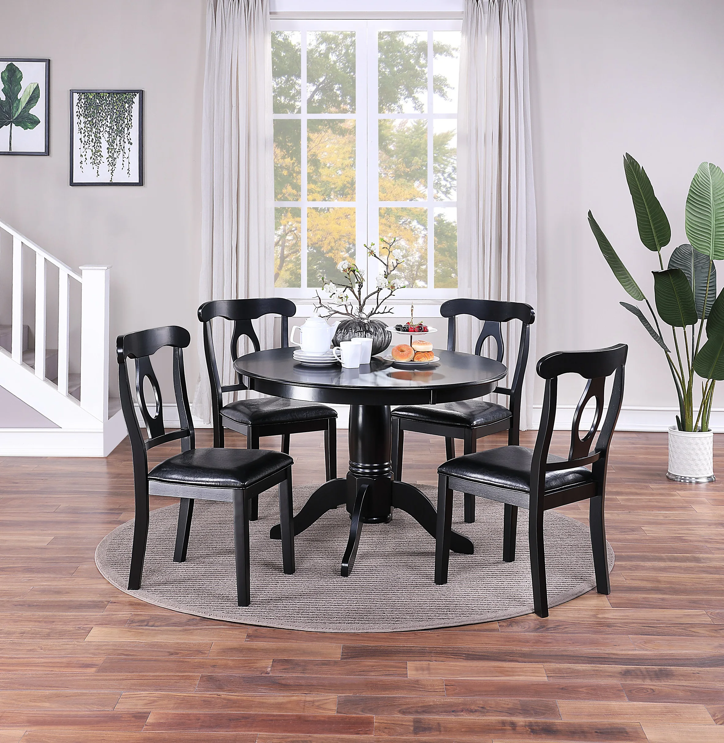 

Classic Design Dining Room 5pc Set Round Table 4x side Chairs Cushion Fabric Upholstery Seat Rubberwood Black Color Furniture