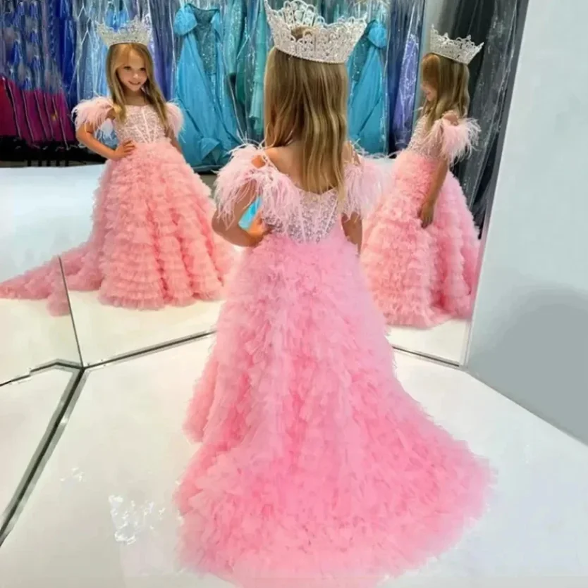 Vestido de lujo para niña, vestido de fiesta de princesa con cuentas de plumas para boda, cumpleaños, vestidos de fiesta de primera comunión 2024