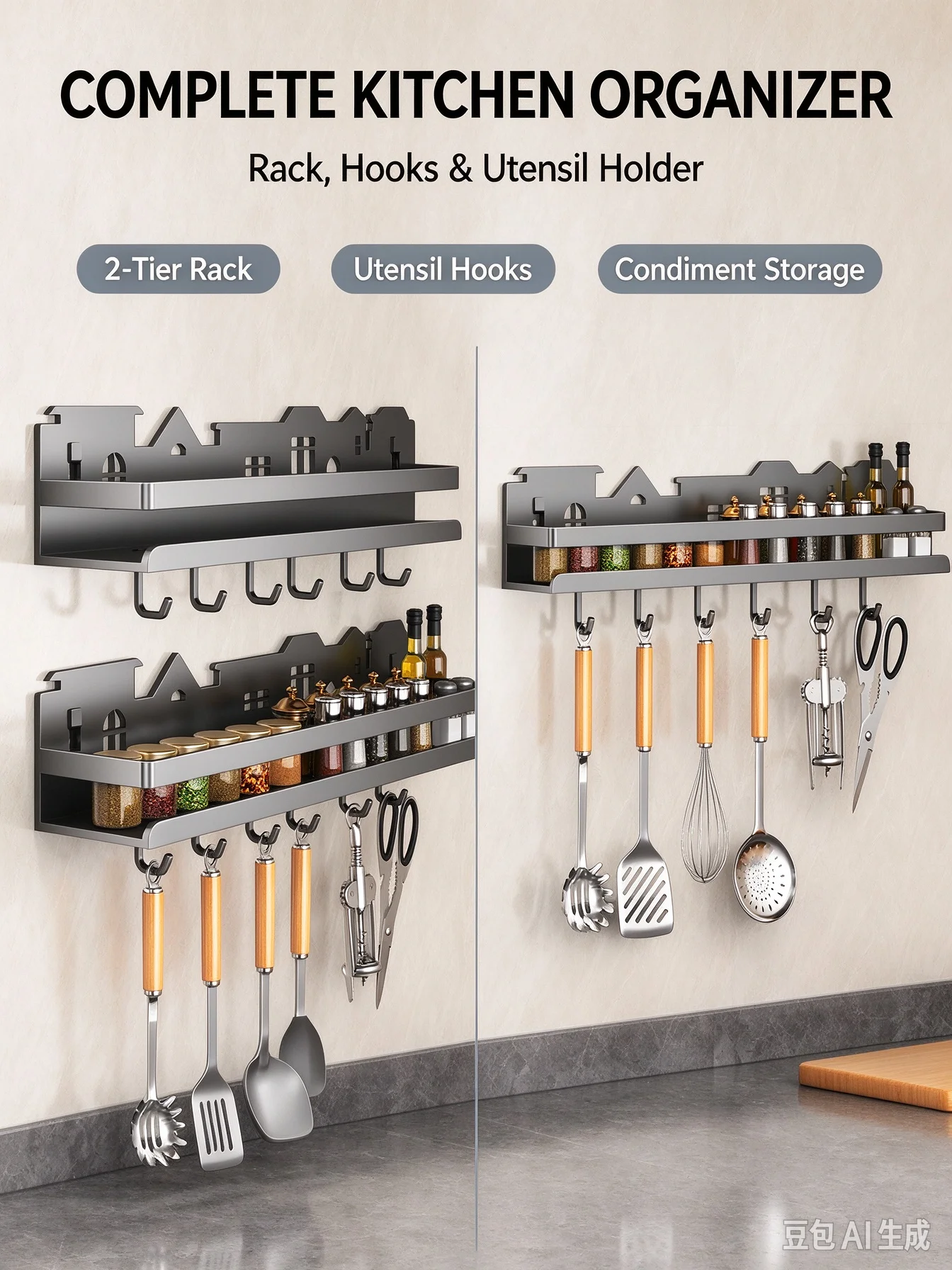 Spice Rack Black No Drill 2 Tier Carbon Steel Wall Mount Condiment Organizer with 4 Hooks 40cm