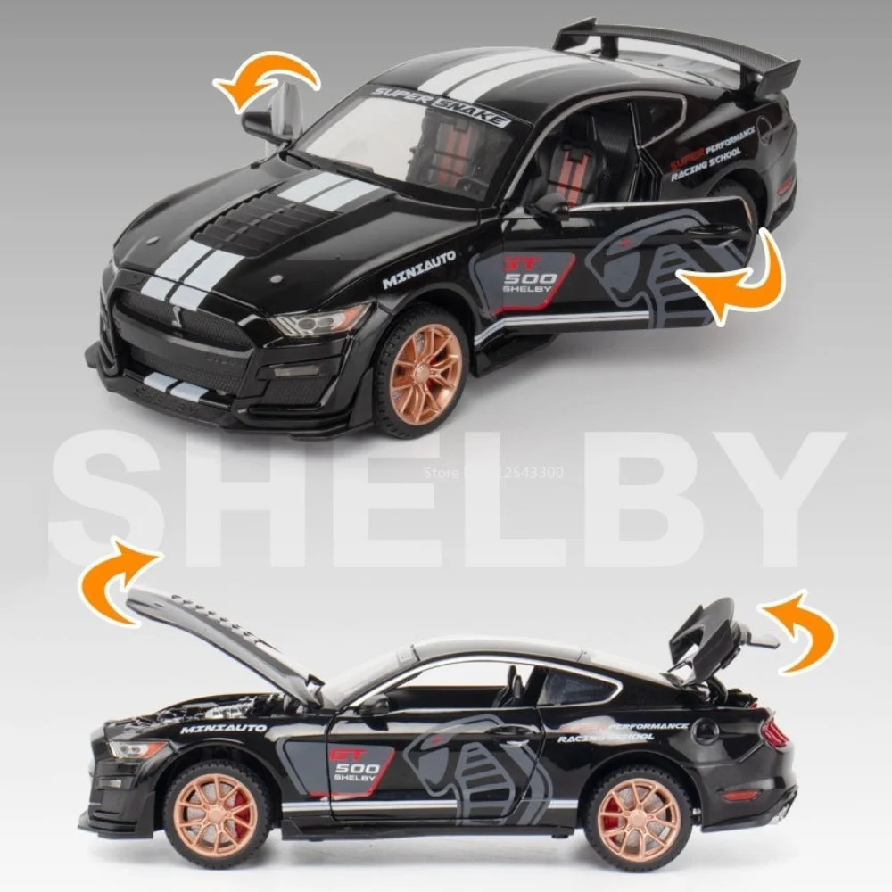 1/24 Scale Mustang Shelby GT500 Car Model Toy Alloy Body Shock Absorption Racecar Models Sound Light Pull Back for Children Gift