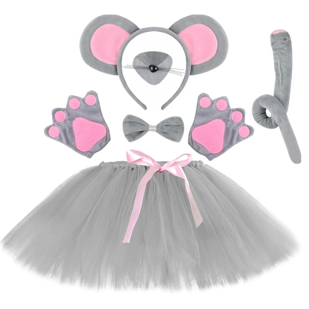 

Girls Grey Mouse Tulle Tutu Skirt Costume Kids Toddler Halloween Party Animal Themed Tutus Outfits with Ears Tail Bow Tie Nose