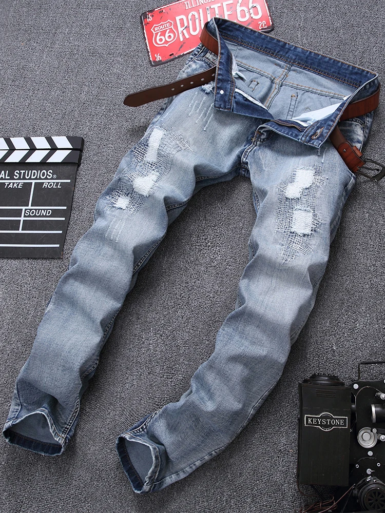 

Beham Sle Embroidered Ripped Denim Jeans Men's Faion Slim Fit Patchwork Straight Leg Long Trousers Casual Urban Wear
