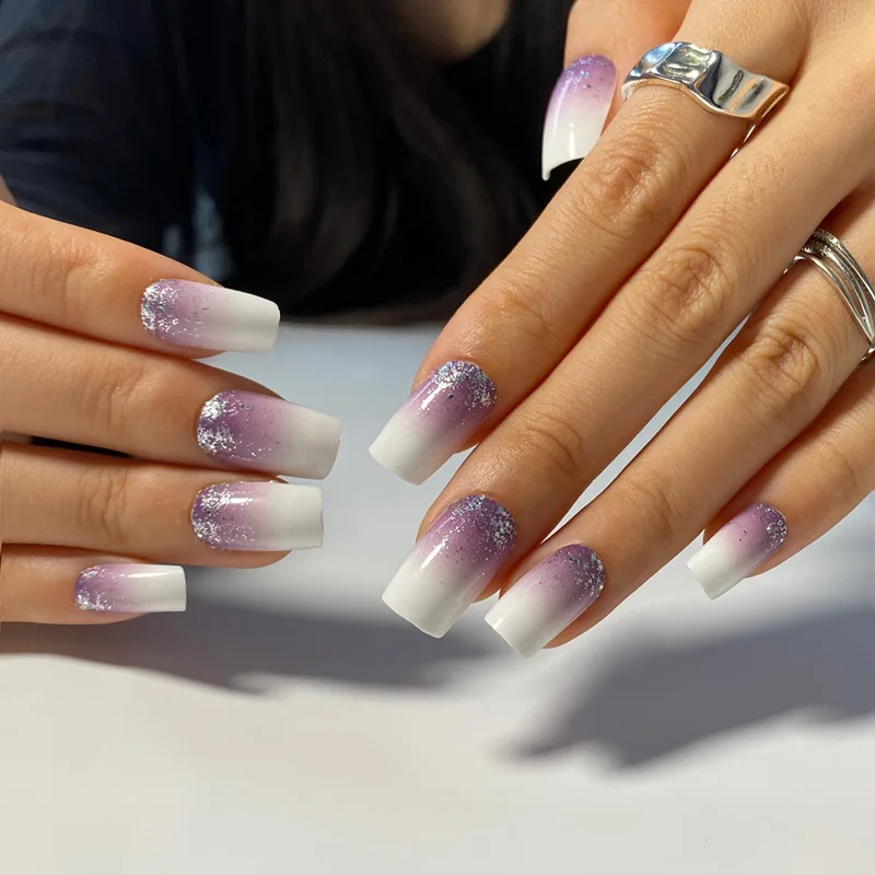 24Pcs Purple Y2K Press on Nails Star Diamond Designs Full Cover Fake Nails Long Coffin Acrylic False Nails for Women y2k Girls
