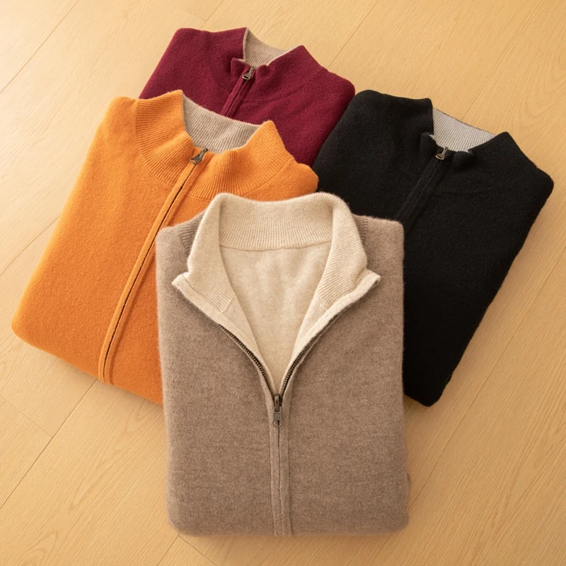 100% Pure Cashmere Knitted Top Coat Zipper Knitted Cardigan Double sided top autumn and winter warm sweater Men's clothing