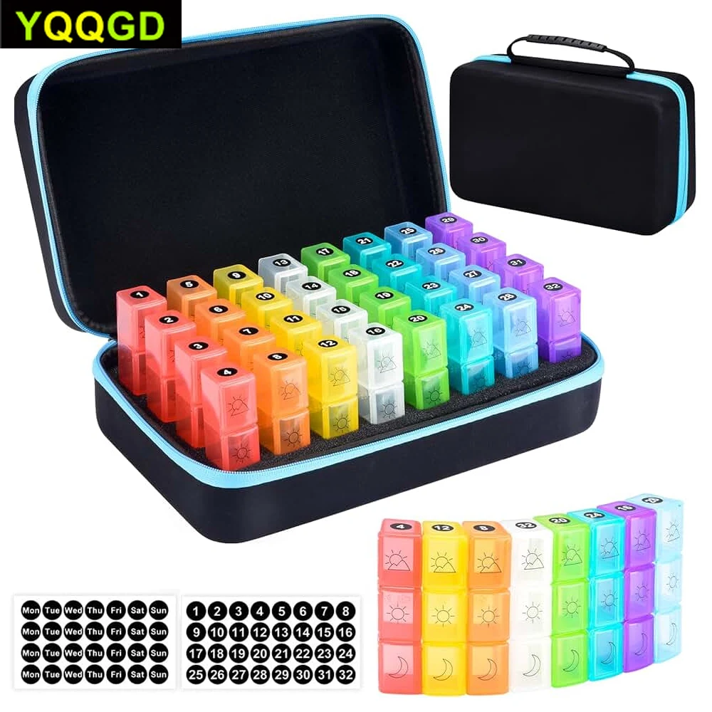 

Monthly Pill Organizer 3 Times a Days,Medicine Organizer Box With Portable Hard Shell,32 Day Pill Box with Monthly Sticker