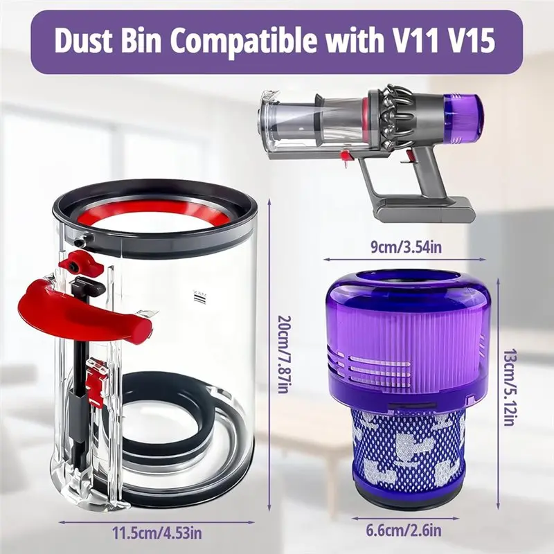 Replacement Dust Box With Reusable HEPA Filter For Dyson V11 V15 Transparent Dust Container For Vacuum Cleaner