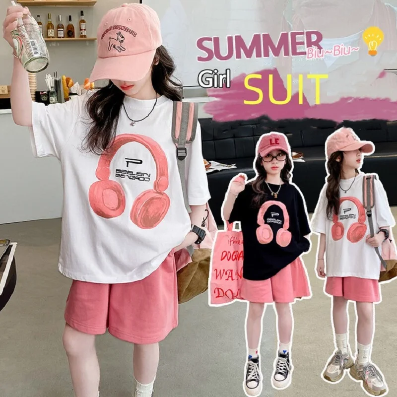 

Summer Girls Cotton Printed T-Shirt Tops+Shorts Pant Contract Sets School Kids 2PCS Tracksuit Children Jogging Outfits 5-16Years