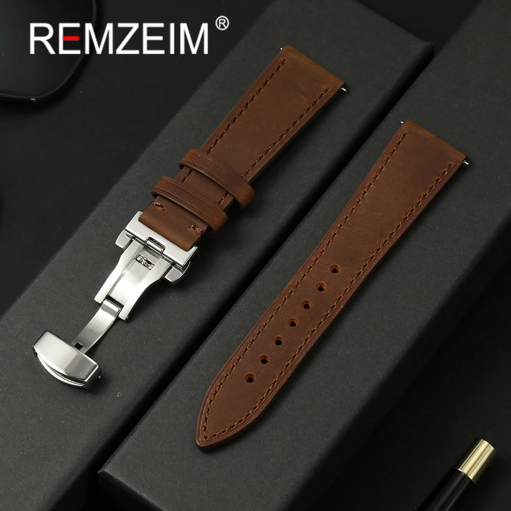 Vintage-Uhrenarmband aus Rindsleder mit Schmetterlingsschnalle, Schnellverschluss, Crazy Horse-Armband aus echtem Leder, 18 mm, 20 mm, 22 mm