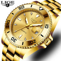 LIGE Fashion Man Watch Luxury Diamond Dial Men's Quartz Wristwatch Waterproof Calendar Business Gold Stainless Steel Men Watches