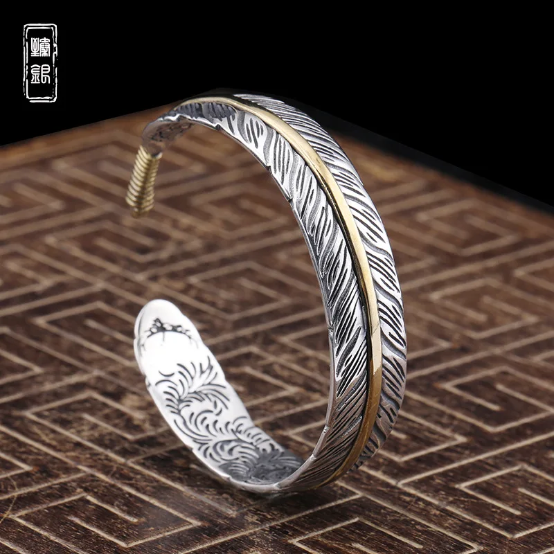 

Japanese street trend s925 silver feather bracelet retro vintage vintage men's bracelet Japanese trendy men's personalized sterl