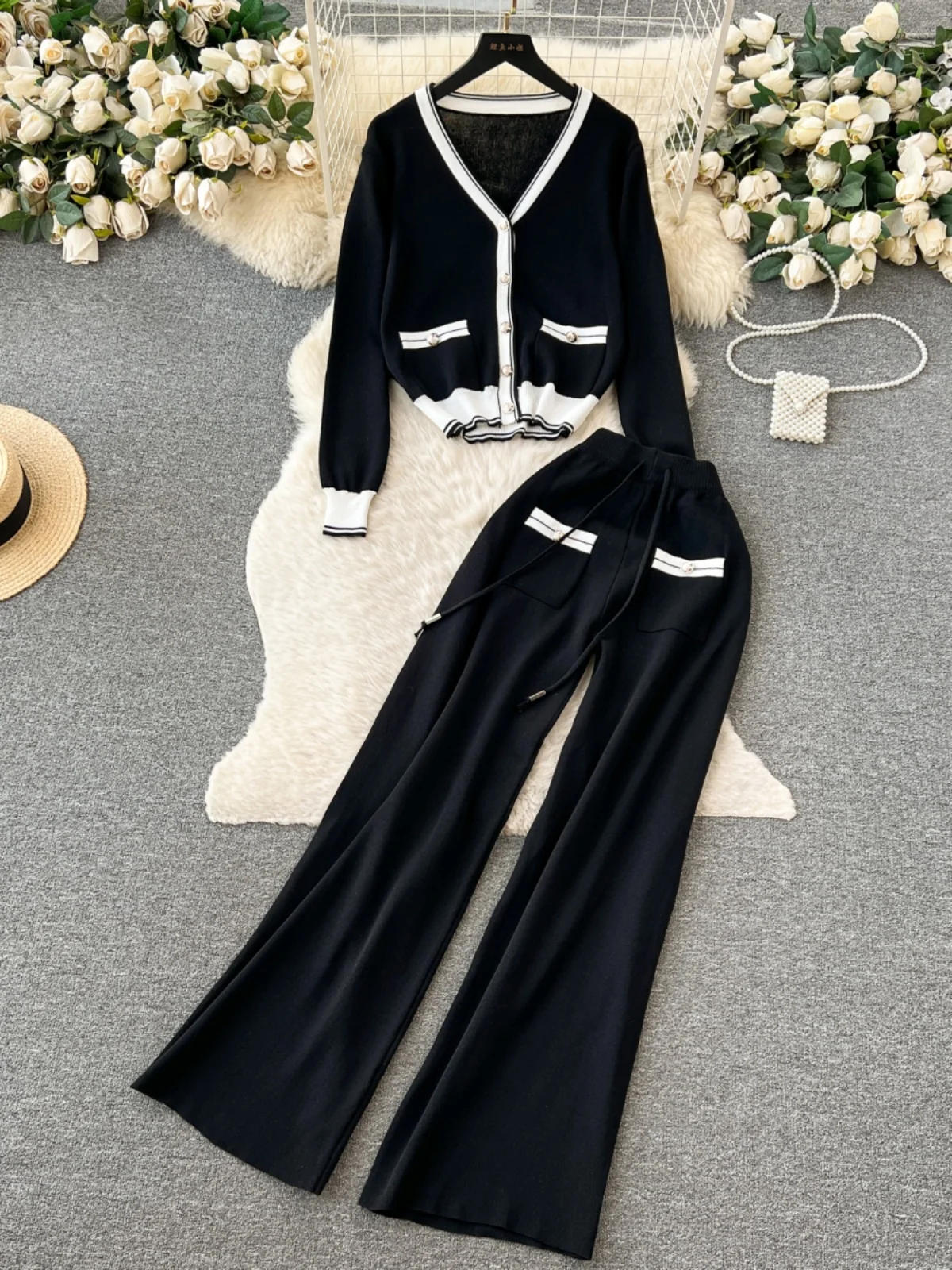 Knitting Pant Sets Outfits Women Autumn Winter Long Sleeve V-neck Cardigan + Wide Leg Pants Two Piece Suits Elegant Ladies Sets