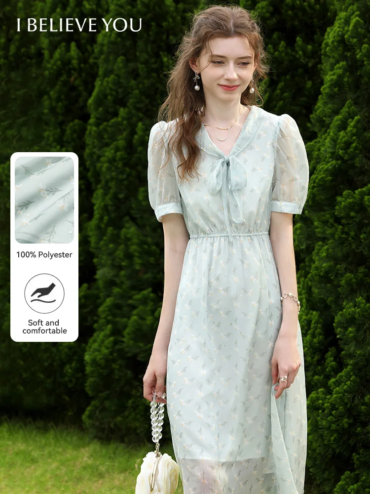 

I BELIEVE YOU French Floral Women Chiffon Dresses 2025 V Neck Puff Sleeves Lace-Up High Waist Summer Fashion Dress 2232095131