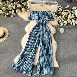 Women Jumpsuit 2024 Rompers Summer Casual Dye Off Shoulder Ruffles Lace-up Sashes Wide Leg Holidays Loose Jumpsuits